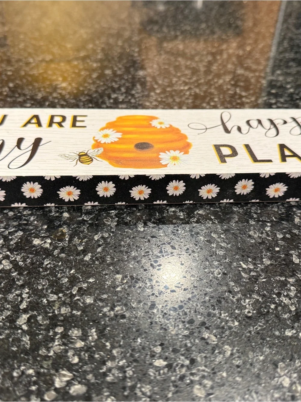 “You Are My Happy Place” Bee & Beehive Wall Sign with daisies on black trim.  🐝🐝
